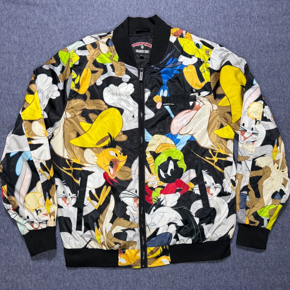 Members Only Looney Tunes Bomber Jacket Mens Large All Over Print Quilted Liner